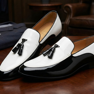 Crafted leather mens black white patent leather tassel loafers dress shoes