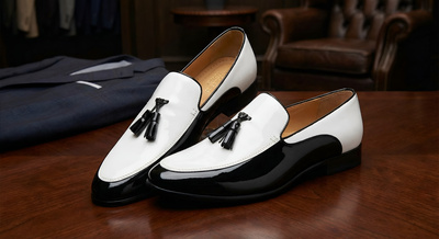 Crafted Leather Mens Black White Patent Leather Tassel Loafers Dress Shoes