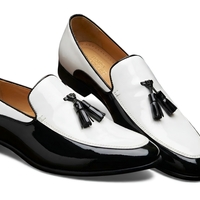 Crafted Leather Mens Black White Patent Leather Tassel Loafers Dress Shoes - Thumbnail 1
