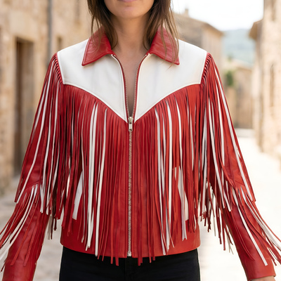 Crafted leather classic designer women red white leather fashion jacket motorcycle