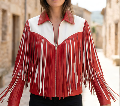 Crafted Leather Classic Designer Women Red White Leather Fashion Jacket Motorcycle