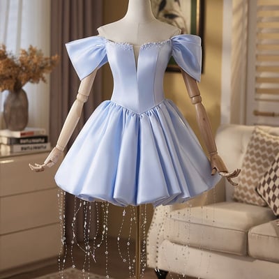 Blue satin short a-line prom party dress