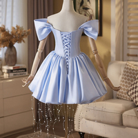 Blue Satin Short A-Line Prom Party Dress - Thumbnail 1