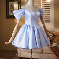 Blue Satin Short A-Line Prom Party Dress - Thumbnail 3