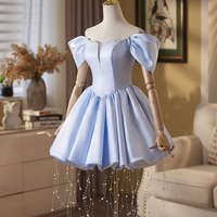 Blue Satin Short A-Line Prom Party Dress - Thumbnail 4