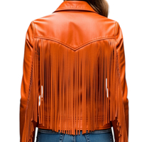 Crafted Leather Classic Designer Women Orange Leather Fashion Jacket Motorcycle - Thumbnail 1