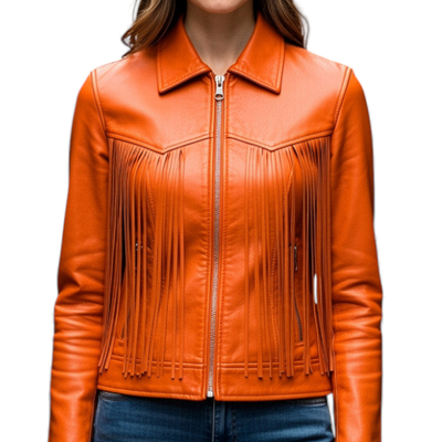 Crafted leather classic designer women orange leather fashion jacket motorcycle - Thumbnail 2