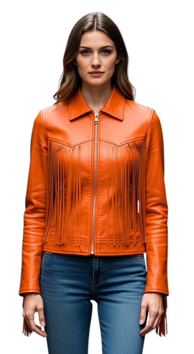 Crafted Leather Classic Designer Women Orange Leather Fashion Jacket Motorcycle