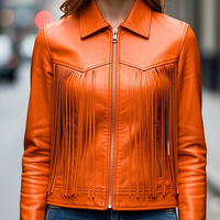 Crafted Leather Classic Designer Women Orange Leather Fashion Jacket Motorcycle - Thumbnail 3