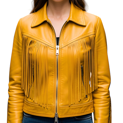 Crafted leather classic designer women yellow leather fashion jacket motorcycle