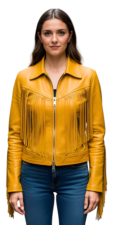Crafted Leather Classic Designer Women Yellow Leather Fashion Jacket Motorcycle