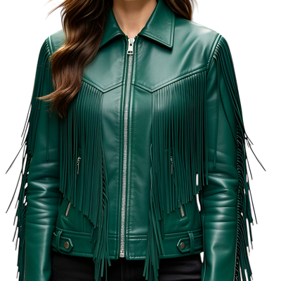 Crafted leather classic designer women green leather fashion jacket motorcycle - Thumbnail 2