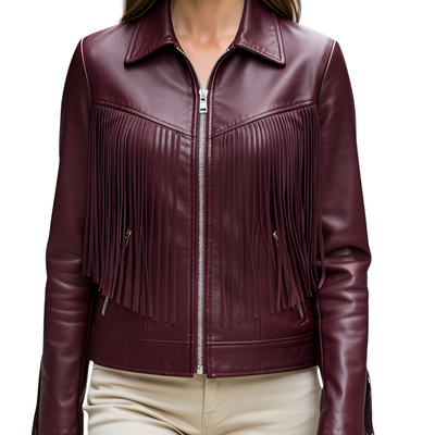 Crafted leather classic designer women burgundy leather fashion jacket motorcycle - Thumbnail 4