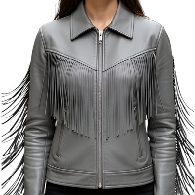Crafted leather classic designer women gray leather fashion jacket motorcycle - Thumbnail 2
