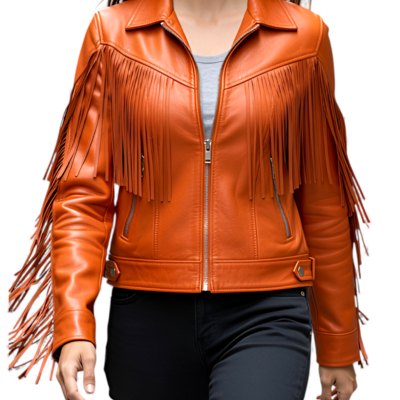 Crafted leather classic designer women orange leather fashion jacket motorcycle - Thumbnail 1