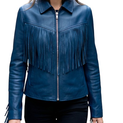 Crafted leather classic designer women blue leather fashion jacket motorcycle - Thumbnail 2