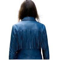 Crafted Leather Classic Designer Women Blue Leather Fashion Jacket Motorcycle - Thumbnail 1