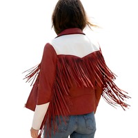 Crafted Leather Classic Designer Women Red White Leather Fashion Jacket Motorcycle - Thumbnail 1