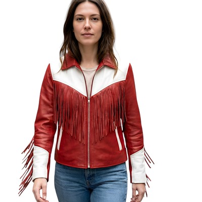 Crafted leather classic designer women red white leather fashion jacket motorcycle - Thumbnail 5