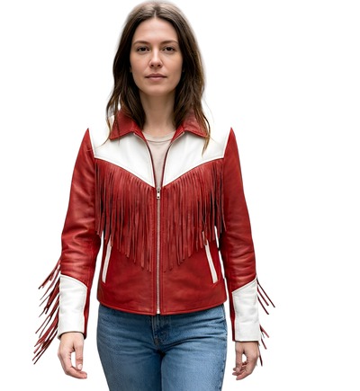 Crafted Leather Classic Designer Women Red White Leather Fashion Jacket Motorcycle
