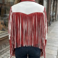 Crafted Leather Classic Designer Women Red White Leather Fashion Jacket Motorcycle - Thumbnail 1