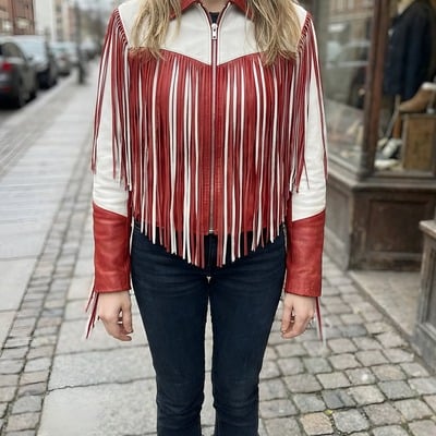 Crafted leather classic designer women red white leather fashion jacket motorcycle - Thumbnail 2