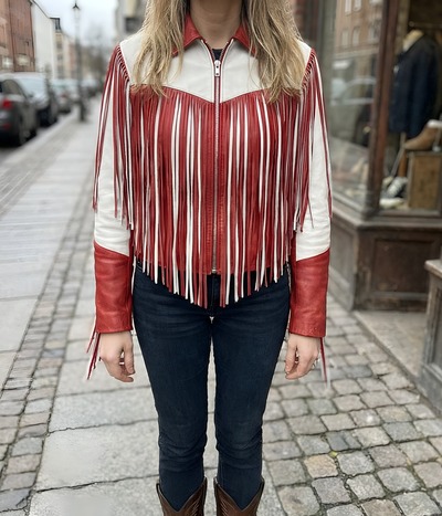 Crafted Leather Classic Designer Women Red White Leather Fashion Jacket Motorcycle