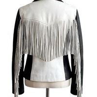 Crafted Leather Classic Designer Women Black White Leather Fashion Jacket Motorcycle - Thumbnail 2