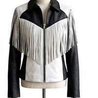Crafted Leather Classic Designer Women Black White Leather Fashion Jacket Motorcycle - Thumbnail 1