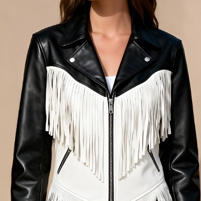 Crafted leather classic designer women black white leather fashion jacket motorcycle - Thumbnail 2