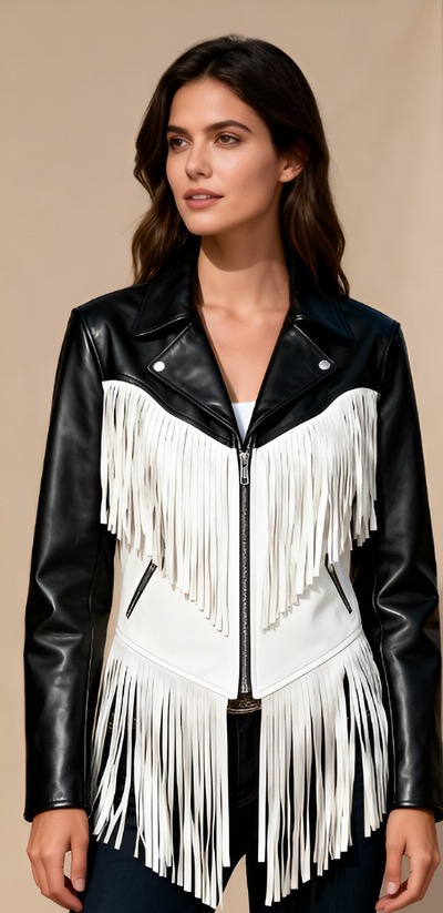 Crafted Leather Classic Designer Women Black White Leather Fashion Jacket Motorcycle