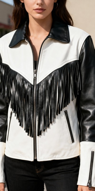 Crafted Leather Classic Designer Women Black White Leather Fashion Jacket Motorcycle