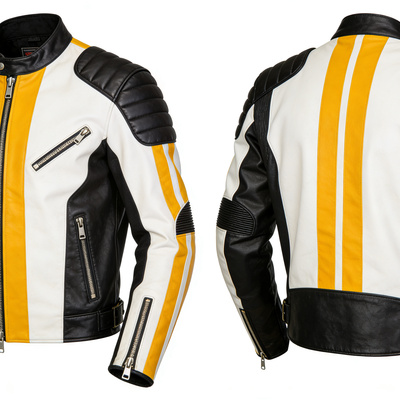 Crafted leather design white black yellow racing biker motorcycle jacket - Thumbnail 1