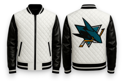 Crafted Leather Men Black White Quilted Leather Varsity Jacket Motorcycle