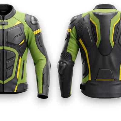 Crafted leather design racing green black leather biker motorcycle jacket - Thumbnail 3