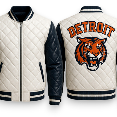 Crafted leather men blue white quilted leather varsity jacket motorcycle - Thumbnail 4