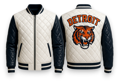 Crafted Leather Men Blue White Quilted Leather Varsity Jacket Motorcycle