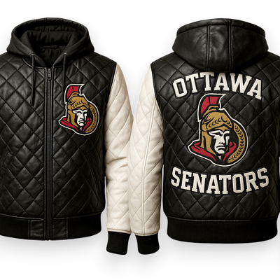 Crafted leather men black white quilted leather varsity jacket motorcycle - Thumbnail 1