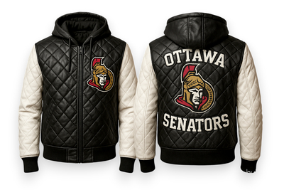 Crafted Leather Men Black White Quilted Leather Varsity Jacket Motorcycle