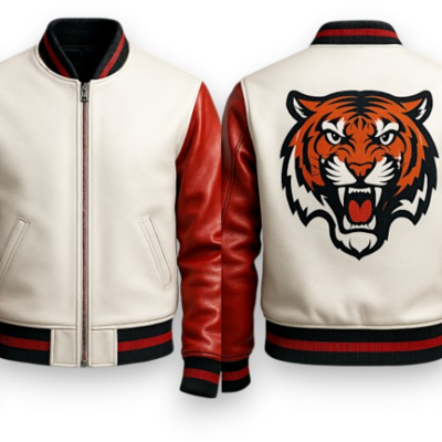 Crafted leather men red white leather varsity jacket motorcycle