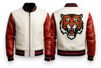 Crafted Leather Men Red White Leather Varsity Jacket Motorcycle