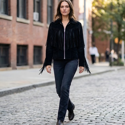 Crafted leather classic designer women black suede leather fashion jacket motorcycle - Thumbnail 1