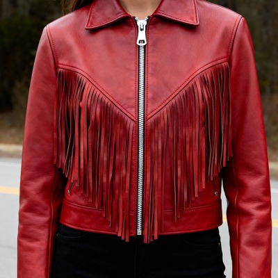 Crafted leather classic designer women red leather fashion jacket motorcycle - Thumbnail 3