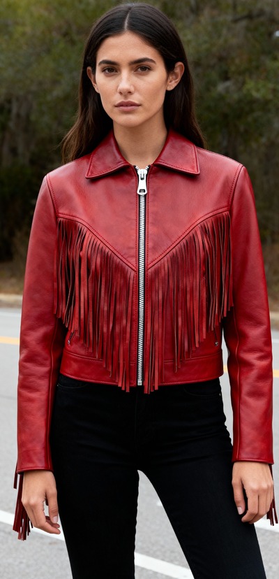 Crafted Leather Classic Designer Women Red Leather Fashion Jacket Motorcycle