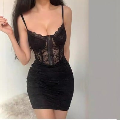 Solid color lace trim semi-sheer fishbone button bodycon suspender dress