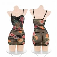 Rose-patterned sexy lace see-through bodycon slip dress - Thumbnail 1