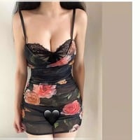 Rose-patterned sexy lace see-through bodycon slip dress - Thumbnail 2