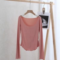 Long-sleeved U-neck ruffled slim-fit short T-shirt top - Thumbnail 1
