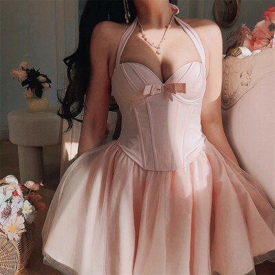 Herringbone steel halter neck mesh camisole dress