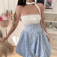 Fresh and elegant strapless dress with a fitted waist and patchwork design - Thumbnail 1